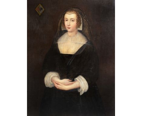 17TH CENTURY ENGLISH SCHOOL Portrait of a lady, the sitter in period dress and with hands clasped, with Hastings coat of arms