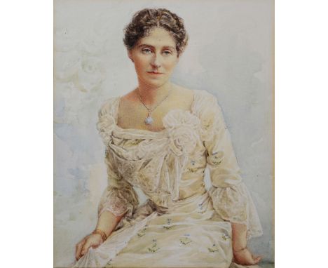ENGLISH SCHOOL (LATE 19TH/EARLY 20TH CENTURY) Portrait of a seated female beauty wearing a necklace and floral patterned crea