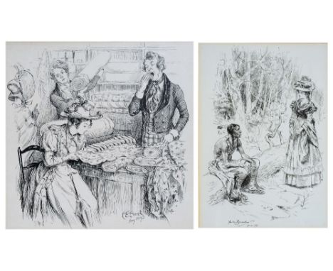 CHARLES EDMUND BROCK (1870-1938) 'Making her mind up' - A lady at a textiles counter, signed and dated Aug 1993, pen and ink 
