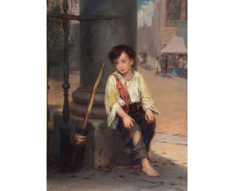 AUGUSTUS EDWIN MULREADY (1844-C.1903) The Chimney Sweep, signed and dated 1879, oil on panel, 23.5 x 16.5cm.