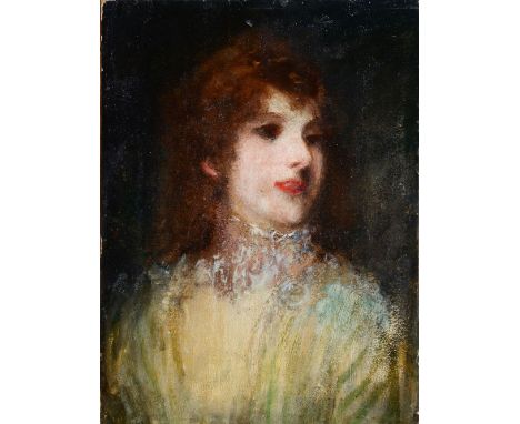 19TH CENTURY ENGLISH SCHOOL Bust length portrait of a lady with long curly brown hair and wearing a cream frock, oil on canva