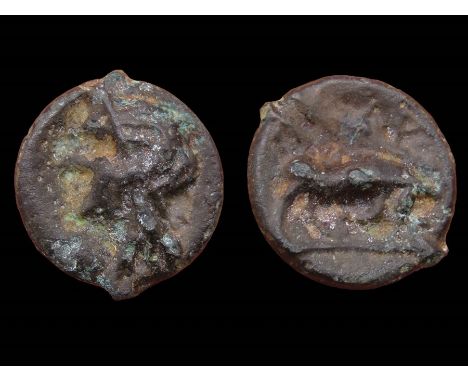 Cantiaci Potin. Circa 120-100 B.C. Copper-alloy, 3.15g. 18.17 mm. Crude bust left. R. Bull butting right. Ref: ABC 120, Spink