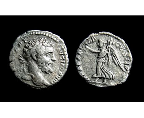 Septimius Severus Denarius. Rome, AD 196. Silver, 3.03g. 17.63 mm. Laureate head right, L SEPT SEV PERT AVG IMP IIII. R. ARAB