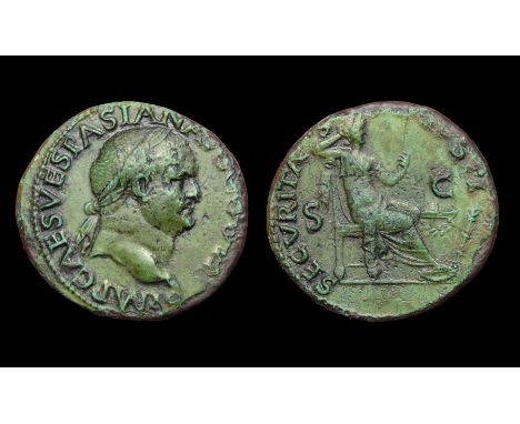 Vespasian Copper As. Circa, AD 71. Copper, 11.16g. 28.36 mm. Laureate bust right, IMP CAES VESPASIAN AV[.  ]. R. SECVRITAS AV