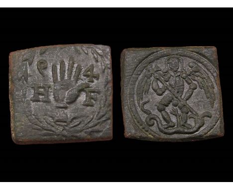 Gold Angel Coin Weight. Circa 16th century. Brass, 2.46g. 15.20 mm. Square weight issued in Antwerp. Within wreath, hand with