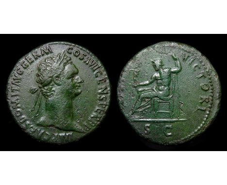 Domitian Sestertius  Rome, AD 88-9. Brass, 32mm, 27.1g. IMP CAES DOMIT AVG GERM COS XVII CENS PER P P, laureate head right. R