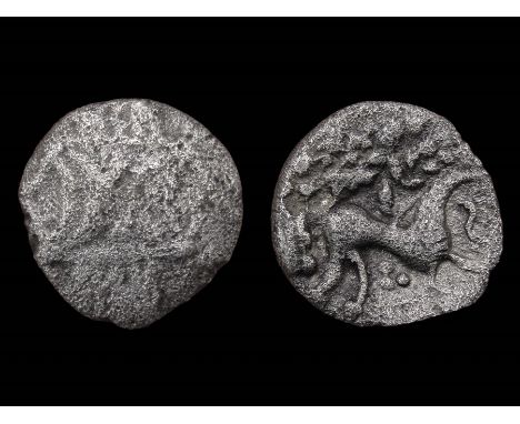 Iceni Antedios Silver Unit. Circa, 10-20 A.D. Silver, 0.89g. 12.70 mm. Double crescent on vertical wreath. R. Horse right, re