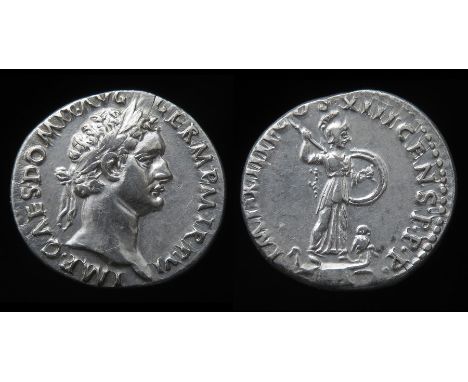 Domitian Denarius  Rome, AD 87. Silver, 19mm, 3.17g. Laureate bust right, IMP CAES DOMIT AVG GERM P M TR P VI. R. IMP XIIII C