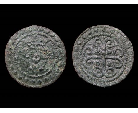 English Medieval Jetton. Edward II, 1307-27. Type 1, Sterling head (Fox class 11). Copper, 1.06g. 19.78 mm. Crowned facing bu