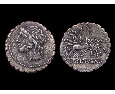L. Cornelius Scipio Asiaticus Denarius Serratus. Circa, 106 B.C. Silver, 4.01g. 18.61 mm. Laureate head of Jupiter left, no c