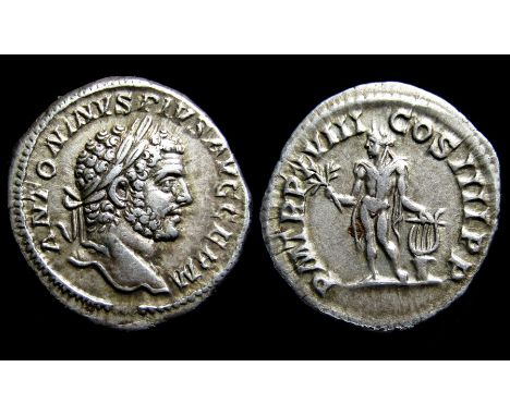 Caracalla Denarius. Rome, AD 215. Silver, 2.99g. 19.45 mm. Laureate head right, ANTONINVS PIVS AVG GERM. R. P M TR P XVIII CO