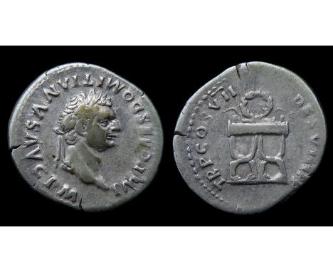 Domitian Denarius  Rome, AD 81. Silver, 19mm, 3.37g. Laureate bust right, IMP CAES DOMITIANVS AVG P M. R. TR P COS VII DES VI