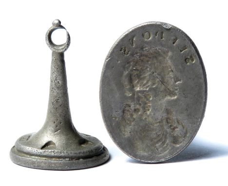 Post-medieval silver seal matrix hallmarked for 1796 Birmingham. The oval seal face engraved with a profile female bust with 