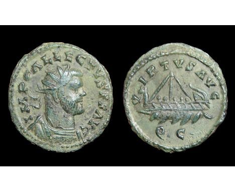 Allectus Quinarius.  Colchester, AD 294-6. Billon, 2.98g. 19.90 mm. Radiate bust right, IMP C ALLECTVS P F AVG. R. VIRTVS AVG