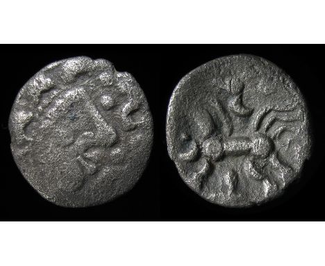 Dobunni Cotswold Eagle Silver Unit.&nbsp; Silver, 0.62 grams. 13.34 mm. Obverse: Moon head right, pellet crescents for hair, 