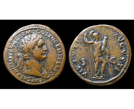 Domitian As  Rome, AD 90-91. Copper, 28mm, 10.72g. Laureate bust right, IMP CAES DOMIT AVG GERM COS XII CENS PER P P. R. VIRT