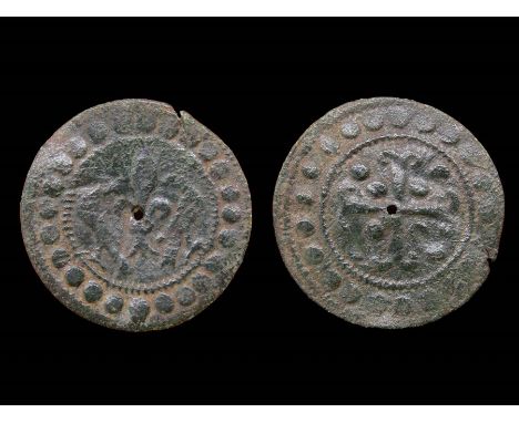 English Medieval Jetton. Edward II, 1307-27. Type 8C. Copper, 1.02g. 19.88 mm. Fleur-de-lys between two falcons, pelleted bor