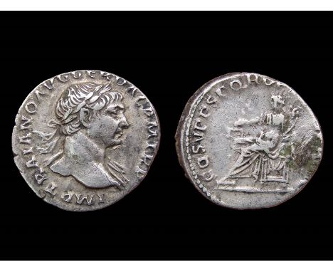 Trajan Denarius. Rome, AD 108. Silver, 3.10g. 17.96 mm. Laureate and draped bust right, IMP TRAIANO AVG GER DAC P M TR P. R. 