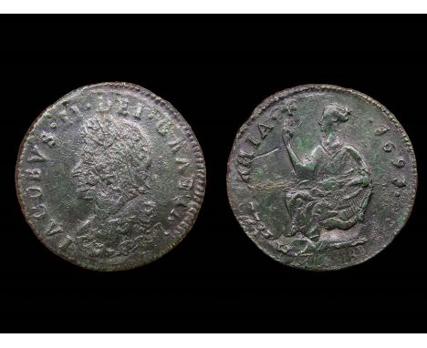 James II Limerick Seige Piece. Circa, 1690-91. Gun metal, 5.58g. 26.19 mm. Laureate and draped bust left, IACOBVS II DEI GRAT