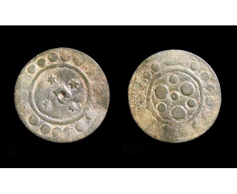 English Medieval Jetton. Edward II, 1307-27. Type 19. Copper, 2.41g. 22.25 mm. Lozenge between four rosettes, pelleted border