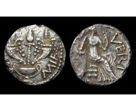 Verica 'Cornucopiae Victory' silver unit, Atrebates and Regini tribes. Obverse: Wand between two corucopiae, wine cup below. 