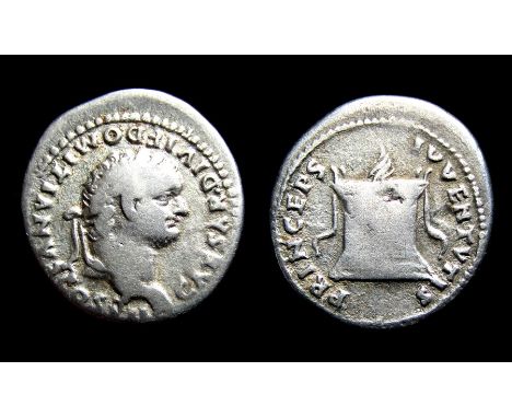 Domitian Denarius. Rome, AD 80. Silver, 3.18g. 18.39 mm. Laureate head right, CAESAR DIVI F DOMITIANVS COS VII. R. PRINCEPS I