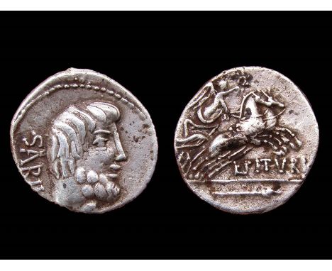 L. Titurius L.f. Sabinus. Republican Denarius. Circa 89 B.C. Silver, 3.73g. 18.55 mm. Bare head of King Tatius right, SABIN b