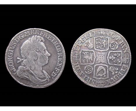 George I Shilling. Silver, 6.03g. 25.96 mm. First laureate bust. R. Roses and plumes, 1720. Ref: Spink 3645.