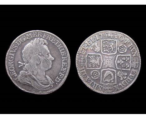 George I Shilling. Silver, 6.03g. 25.96 mm. First laureate bust. R. Roses and plumes, 1720. Ref: Spink 3645.