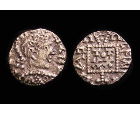 PADA Post-Crondall Gold Thrysmsa. Circa, 655-75 AD. Gold, 1.33g. 11.95 mm. Helmeted head of Constantine, draped right.Legend 