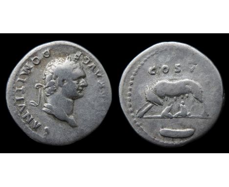 Domitian Denarius  Rome, AD 77-8. Silver, 19mm, 3.03g. Laureate bust right, CAESAR AVG F DOMITIANVS. R. COS V, She-wolf stand