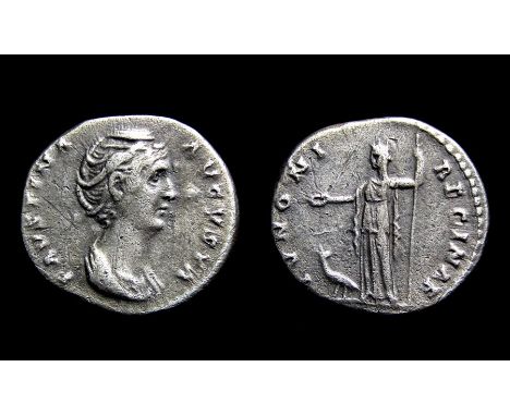 Faustina Denarius. Rome, AD 141. Silver, 3.36g. 16.78 mm. Draped bust right, FAVSTINA AVGVSTA. R. IVNONI REGINAE, Juno standi