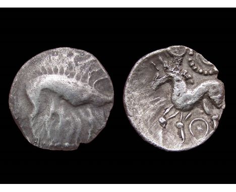 Corieltavi Proto Boar Silver Unit. Circa 50-20 B.C. Silver, 0.85g. 13.45 mm. Boar right, no spear type. R. Horse left, large 