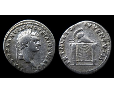 Domitian Denarius  Rome, AD 80. Silver, 19mm, 3.11g. Laureate bust right, CAESAR DIVI F DOMITIANVS COS VII. R. PRINCEPS IVVEN