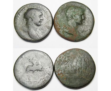 Trajan Sestertius. Circa, 98-117 AD. Brass, 33.40, 34.12 mm. (1) R. Trajan galloping right, Ref: RCV, 3204. (2) R. Trajan sea