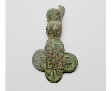 Medieval Harness Pendant. Circa 14th century AD. Copper-alloy, 41.14 mm. A quatrefoil-shaped horse harness pendant complete w