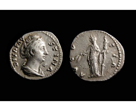 Diva Faustina Denarius. Rome, after AD 147. Silver, 3.34g. 18.39 mm. Draped bust right, DIVA FAVSTINA. R. AVGVSTA, Ceres stan