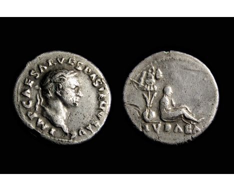 Vespasian Denarius. Rome, AD 69-70. Silver, 3.65g. 19.07 mm. Laureate head right, IMP CAESAR VESPASIANVS AVG. R. IVDAEA, Juda