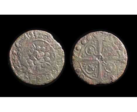English Medieval Jetton. Edward II, 1307-27. Type 7B. Copper, 2.37g. 20.75 mm. Rose, seeded and barbed, ornate border. R. Cro