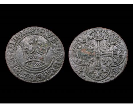 Medieval Jetton. Circa 15th century. Copper, 4.35g. 26.67 mm. Large crown, +AVE MARIA GRASIA PLENA. R. Cross within quatrefoi