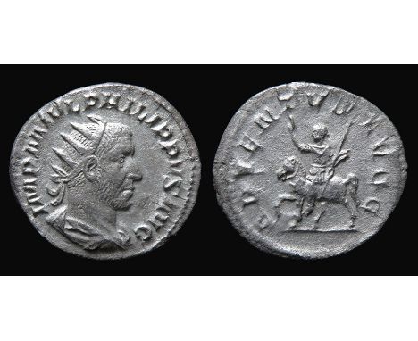 Philip I Silver Antoninianus Obverse: Radiate bust right, IMP MIVL PHILIPPVS AVG. Reverse: ADVENTVS AVGG, Philip I on horseba