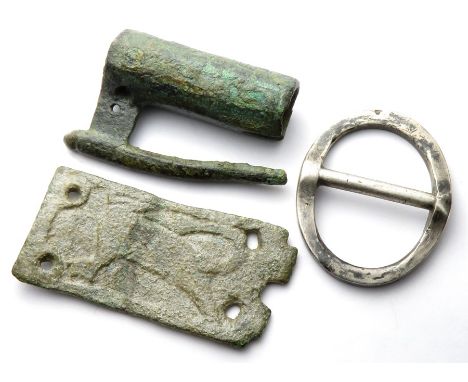 Medieval buckle plate, barrel lock and silver buckle. largest: 42mm.UK private collection, acquired before 1990.