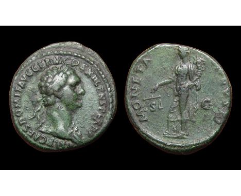 Domitian As. Rome, AD 90-91, Copper, 12.40g. 29.72 mm. Laureate head right, IMPCAES DOMIT AVG GERM COS XV CENS PER P P. R. MO