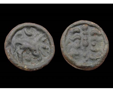 Northeast Gaul, Nervii Potin. Circa, 100-50 B.C. Copper-alloy, 4.54g. 20.01 mm. Abstract laurel-wreath. R. Horse right, cresc
