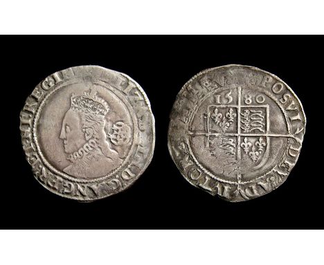 Elizabeth I Sixpence. Fifth Issue, 1578-82. Silver, 2.99g. 26.20 mm. Crowned bust left, rose behind. ELIZABETH D G ANG FR ET 