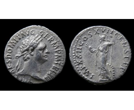 Domitian Denarius  Rome, AD 87. Silver, 19mm, 3.12g. Laureate bust right, IMP CAES DOMIT AVG GERM P M TR P XIII. R. IMP XXII 