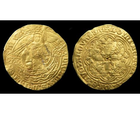 Edward III Half Noble. Transitional treaty period, 1361 AD. Gold, 3.68g. 26 mm. King standing in ship holding sword and shiel