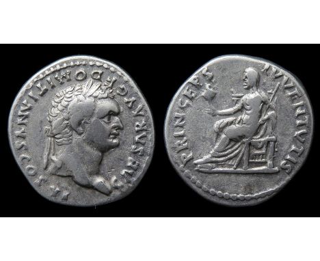 Domitian Denarius  Rome, AD 79. Silver, 18mm, 2.86g. Laureate bust right, CAESAR AVG F DOMITIANVS COS VI. R. PRINCEPS IVVENTV