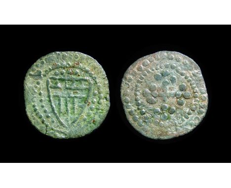 English Medieval Jetton. Edward II, 1307-27. Type 17 variant. Copper, 1.13g. 19.32 mm. Crude heraldic shield, row of pellets 