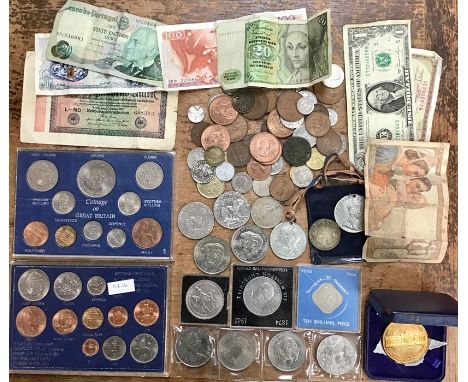 Collection of British, World Coins and World Banknotes includes U.S.A one dollar coins, British first issue coin set, Commemo